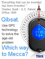 The Qiblah is the direction of the Kaaba. Some Muslims determine this direction using a rhumb line, while most use the great circle route. This GPS unit shows both.